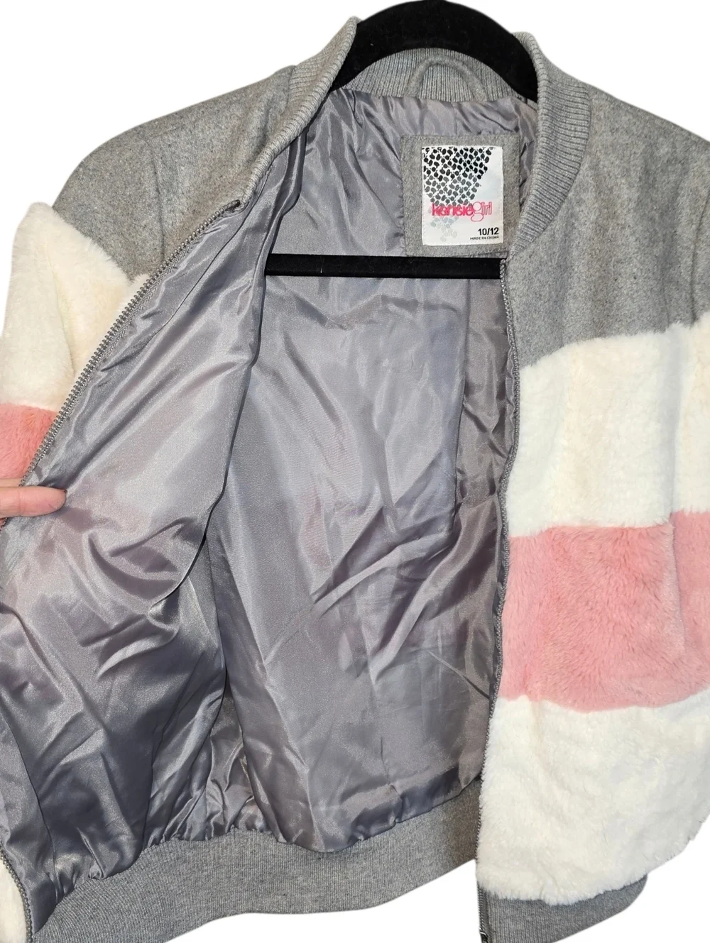 Kensie Girl Faux Fur Pink White Gray Stripe Bomber Jacket Size 10/12